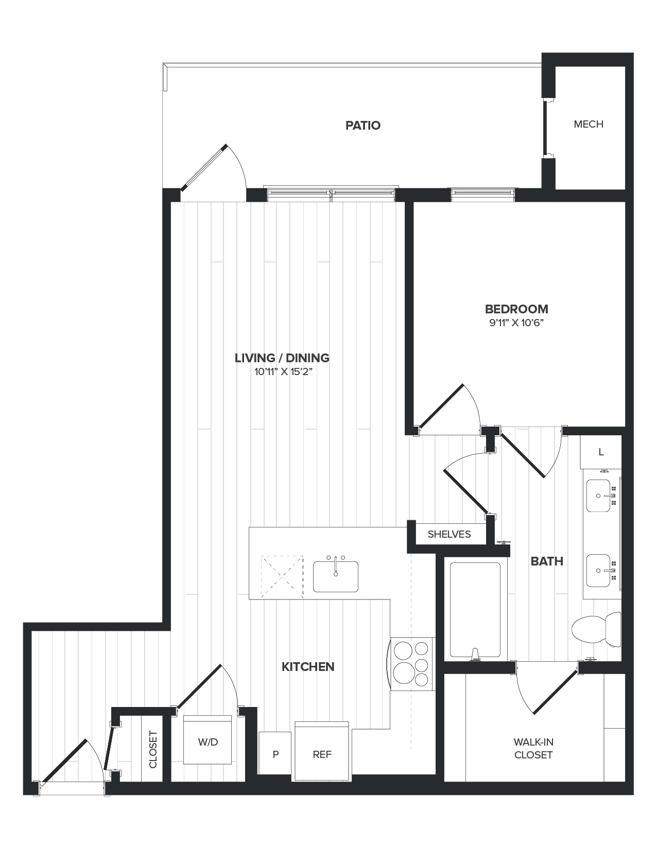 Floor plan for 1 bed, 1 bath, 693 sqft